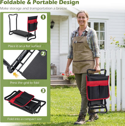2-in-1 Garden Kneeler & Seat, Folding Seat w/EVA Foam Kneeling Pad & Removable Tools Pouch, Sturdy Steel Frame, No Assembly, Portable Heavy Duty Garden Stool for Women & Men