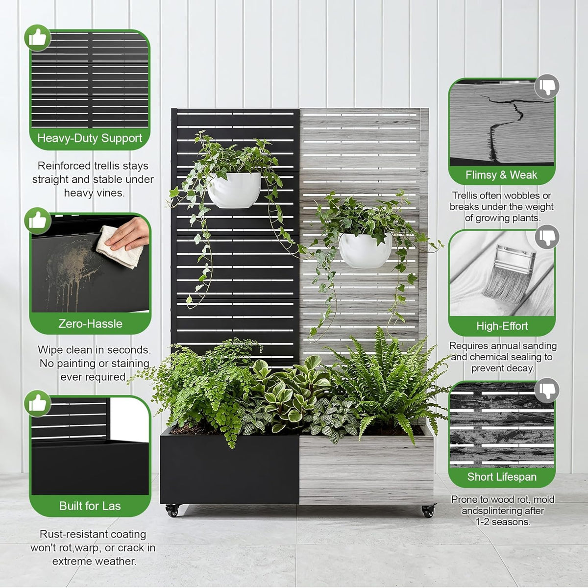 Casaphoria Metal Raised Garden Bed with Trellis and Wheels, 72"x47"x16" Planter Box for Climbing Plants, Vegetables & Vines, Features Drainage Holes and Privacy Screen (Black-Louver) - Colors B