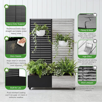 Casaphoria Metal Raised Garden Bed with Trellis and Wheels, 72"x47"x16" Planter Box for Climbing Plants, Vegetables & Vines, Features Drainage Holes and Privacy Screen (Black-Louver) - Colors B
