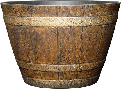 Classic Home & Garden by Growscape Whiskey Barrel Planters, Wooden Finish Flower Planter Pot, Decorative Garden Pots, Indoor Outdoor Resin Planters, Weather-Resistant Plant Pot (15” Oak Brown, 1-Pack)