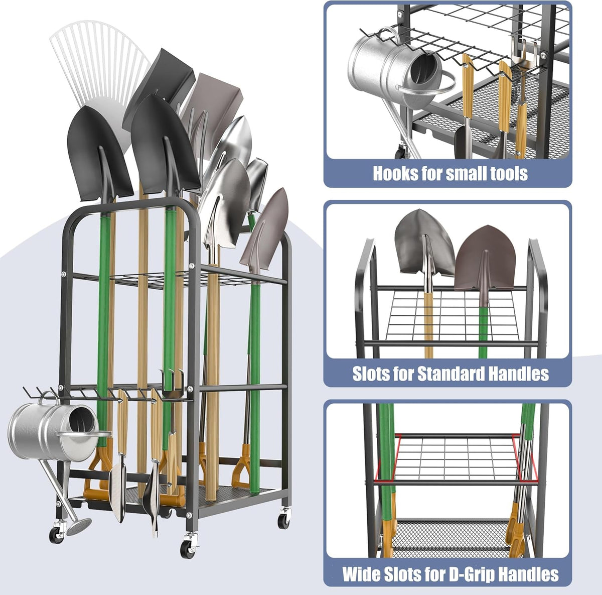 WALMANN Garden Tool Organizer with Wheels for Garage, Large Storage Capacity, Rakes/Shovels/Yard Tools Storage Stand for Shed, Garden, Indoor/Outdoor Long-Handled Tools Rolling Cart