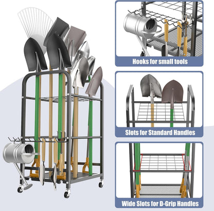 WALMANN Garden Tool Organizer with Wheels for Garage, Large Storage Capacity, Rakes/Shovels/Yard Tools Storage Stand for Shed, Garden, Indoor/Outdoor Long-Handled Tools Rolling Cart