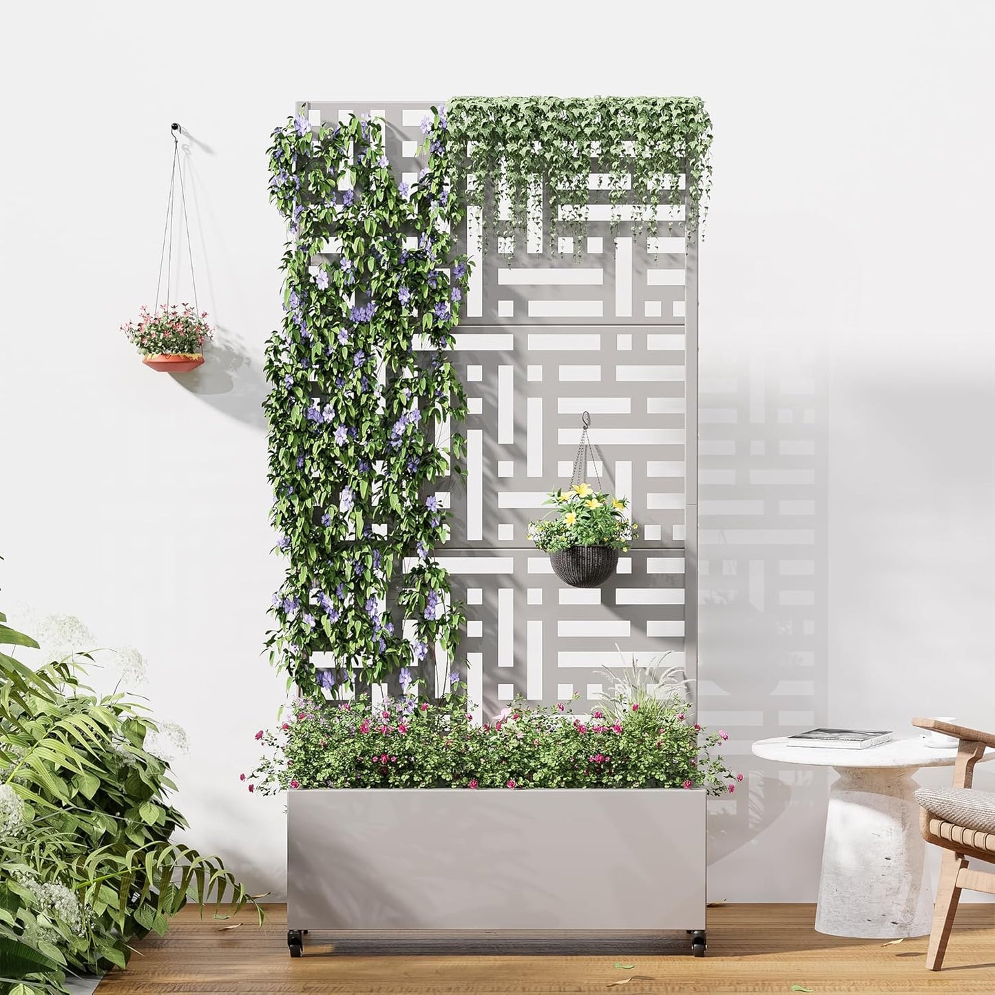 Casaphoria Metal Raised Garden Bed with Trellis and Wheels, 72"x47"x16" Planter Box for Climbing Plants, Vegetables & Vines, Features Drainage Holes and Privacy Screen (Black-Louver) - Colors A