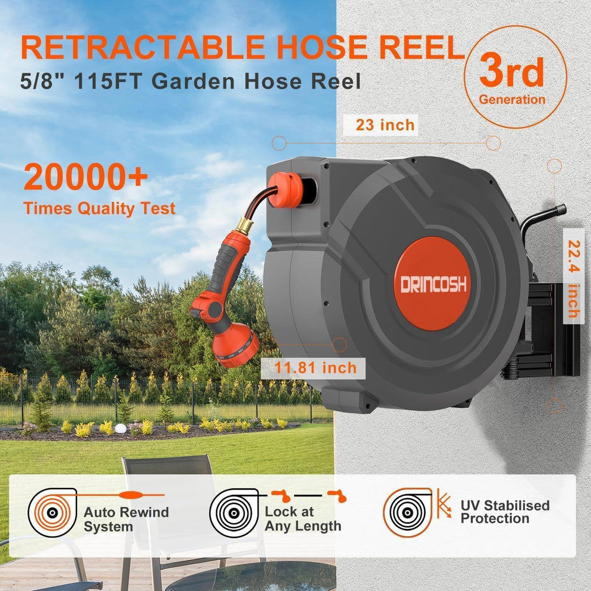Retractable Garden Hose Reel 90 ft 5/8 inch Automatic Rewind with Any-Length Lock 9 Pattern Nozzle Sprayer 180° Swivel Wall-Mounted Hose Reel for Home Yards