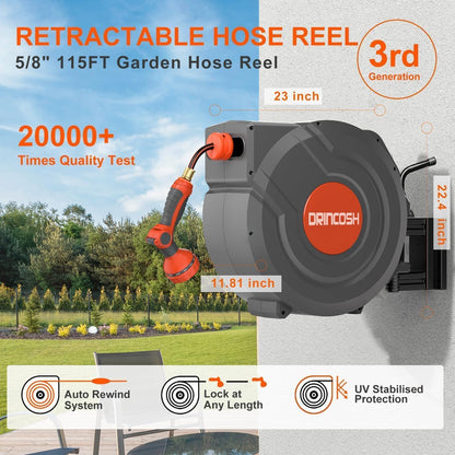 Retractable Garden Hose Reel 90 ft 5/8 inch Automatic Rewind with Any-Length Lock 9 Pattern Nozzle Sprayer 180° Swivel Wall-Mounted Hose Reel for Home Yards