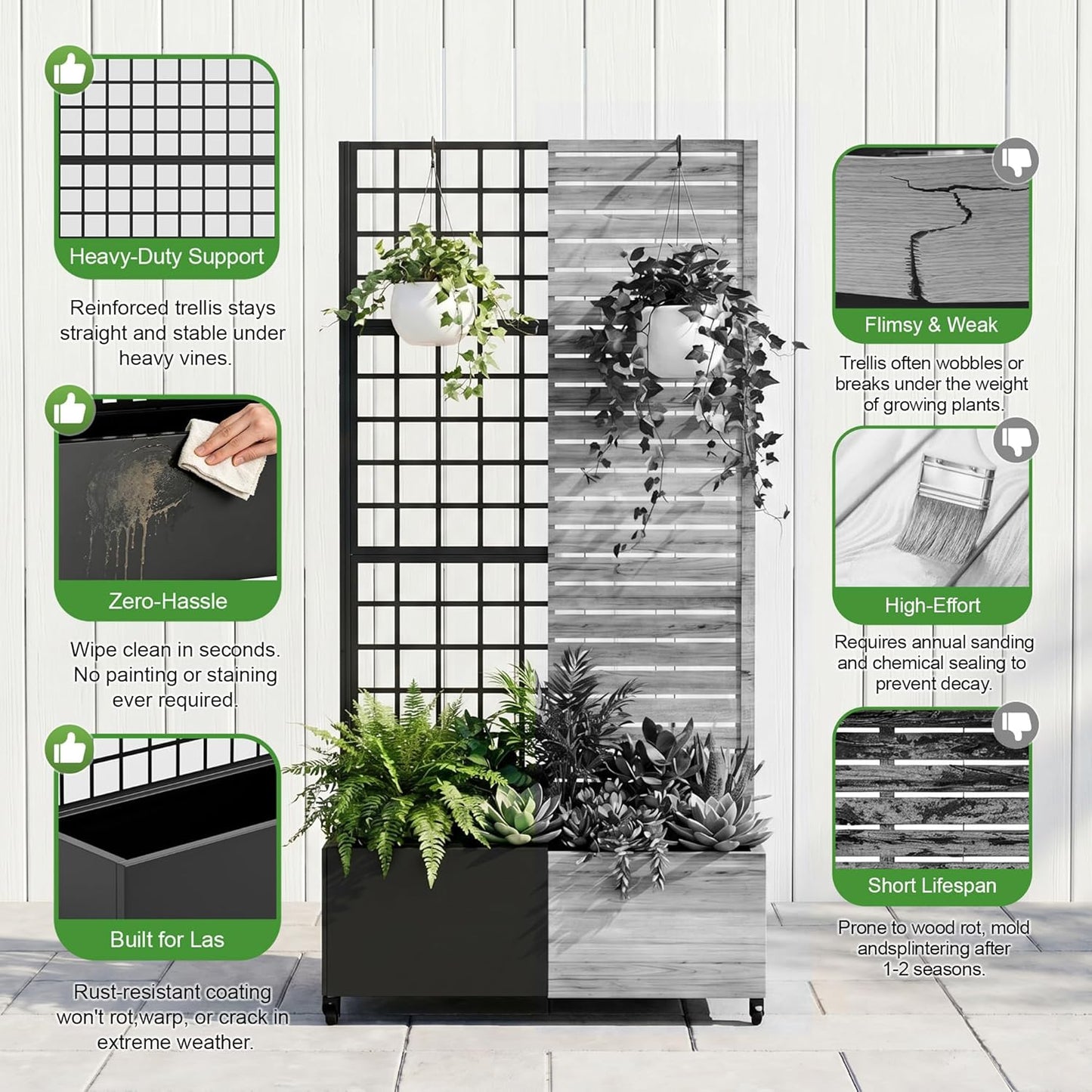 Casaphoria Metal Raised Garden Bed with Trellis and Wheels, 72"x47"x16" Planter Box for Climbing Plants, Vegetables & Vines, Features Drainage Holes and Privacy Screen (Black-Louver) - Colors A