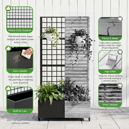 Casaphoria Metal Raised Garden Bed with Trellis and Wheels, 72"x47"x16" Planter Box for Climbing Plants, Vegetables & Vines, Features Drainage Holes and Privacy Screen (Black-Louver) - Colors A