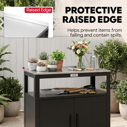 Feasto Outdoor Potting Bench with Storage, Stainless Steel Tabletop Garden Work Bench with Storage Cabinet & Removable Inner Shelf for Patio Lawn Outdoor Gardening