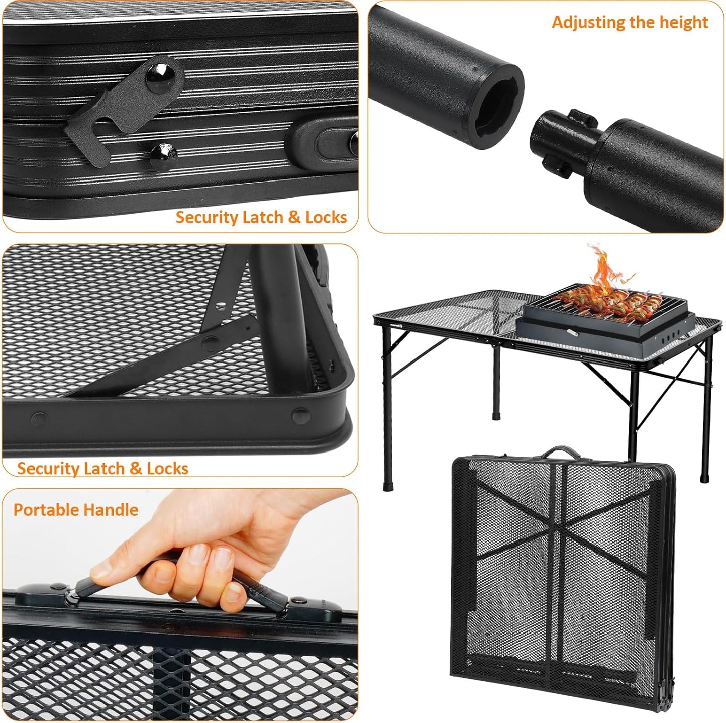 2Ft Small Folding Table with Carry Handle, Camping Table Adjustable Height 10.6–22 in, Black Metal Mesh, Portable & Compact for Outdoor/Indoor,Grill Table, 23.6×15.8 in, 4 lb, 66 lb Capacity