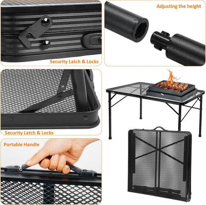2Ft Small Folding Table with Carry Handle, Camping Table Adjustable Height 10.6–22 in, Black Metal Mesh, Portable & Compact for Outdoor/Indoor,Grill Table, 23.6×15.8 in, 4 lb, 66 lb Capacity