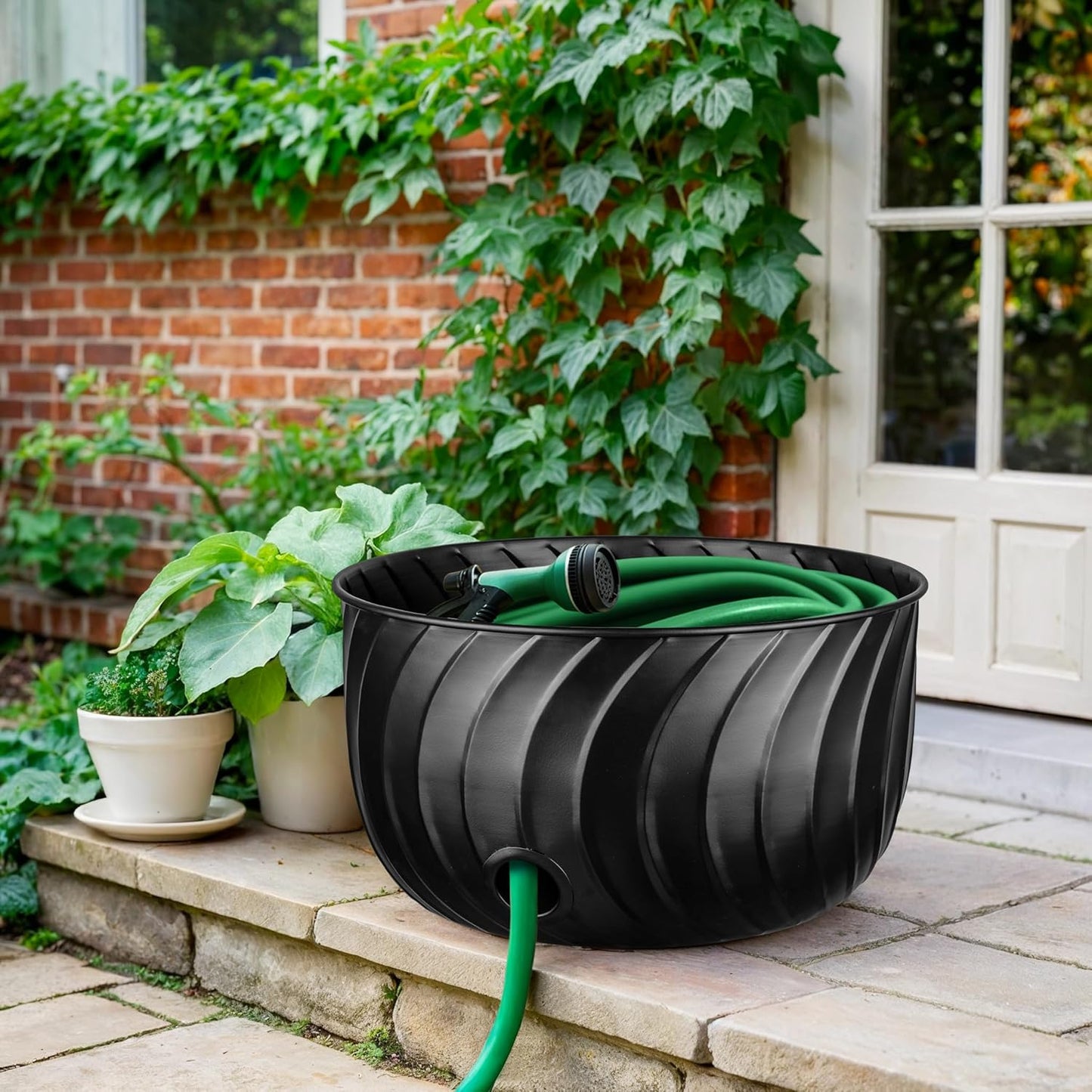 Monarch Abode Garden Hose Holder with Lid – Decorative Water Hose Holders for Outside, Wave Embossed Metal Matte Black Pot with Drainage, 100ft Waterhose Holder for Outside, Garden Storage Caddy
