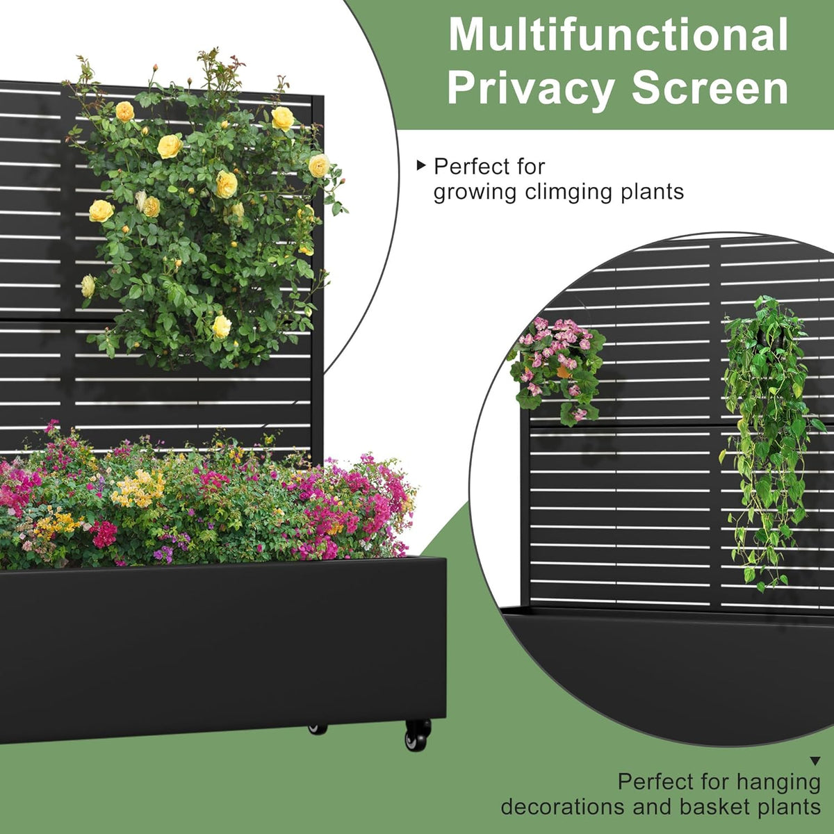 Casaphoria Metal Raised Garden Bed with Trellis and Wheels, 72"x47"x16" Planter Box for Climbing Plants, Vegetables & Vines, Features Drainage Holes and Privacy Screen (Black-Louver) - Colors D