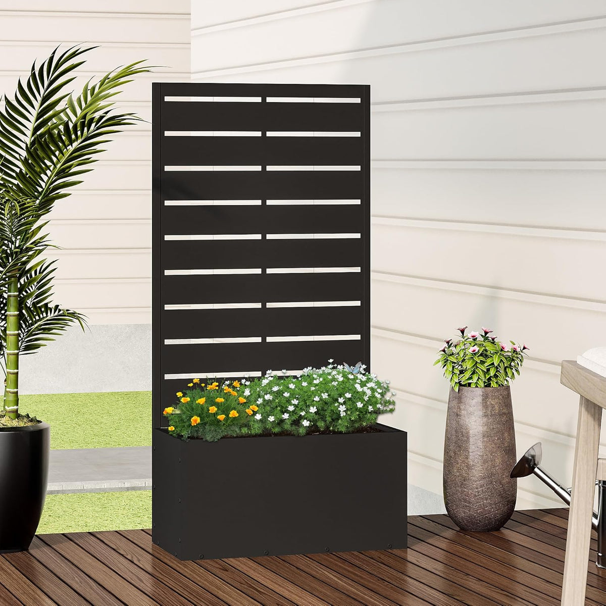 Casaphoria Metal Raised Garden Bed with Trellis and Wheels, 72"x47"x16" Planter Box for Climbing Plants, Vegetables & Vines, Features Drainage Holes and Privacy Screen (Black-Louver) - Colors D