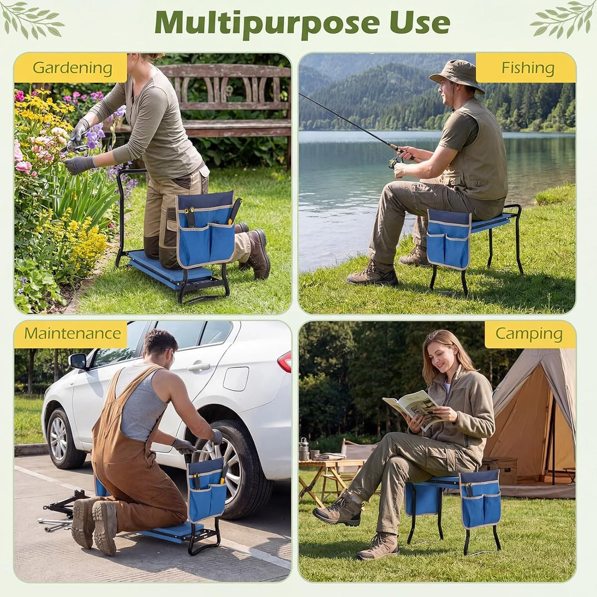 2-in-1 Garden Kneeler & Seat, Folding Seat w/EVA Foam Kneeling Pad & Removable Tools Pouch, Sturdy Steel Frame, No Assembly, Portable Heavy Duty Garden Stool for Women & Men