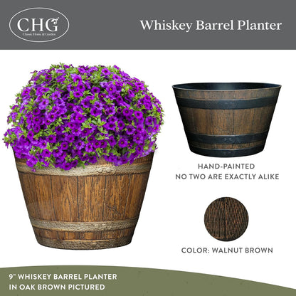 Classic Home & Garden by Growscape Whiskey Barrel Planters, Wooden Finish Flower Planter Pot, Decorative Garden Pots, Indoor Outdoor Resin Planters, Weather-Resistant Plant Pot (15” Oak Brown, 1-Pack)