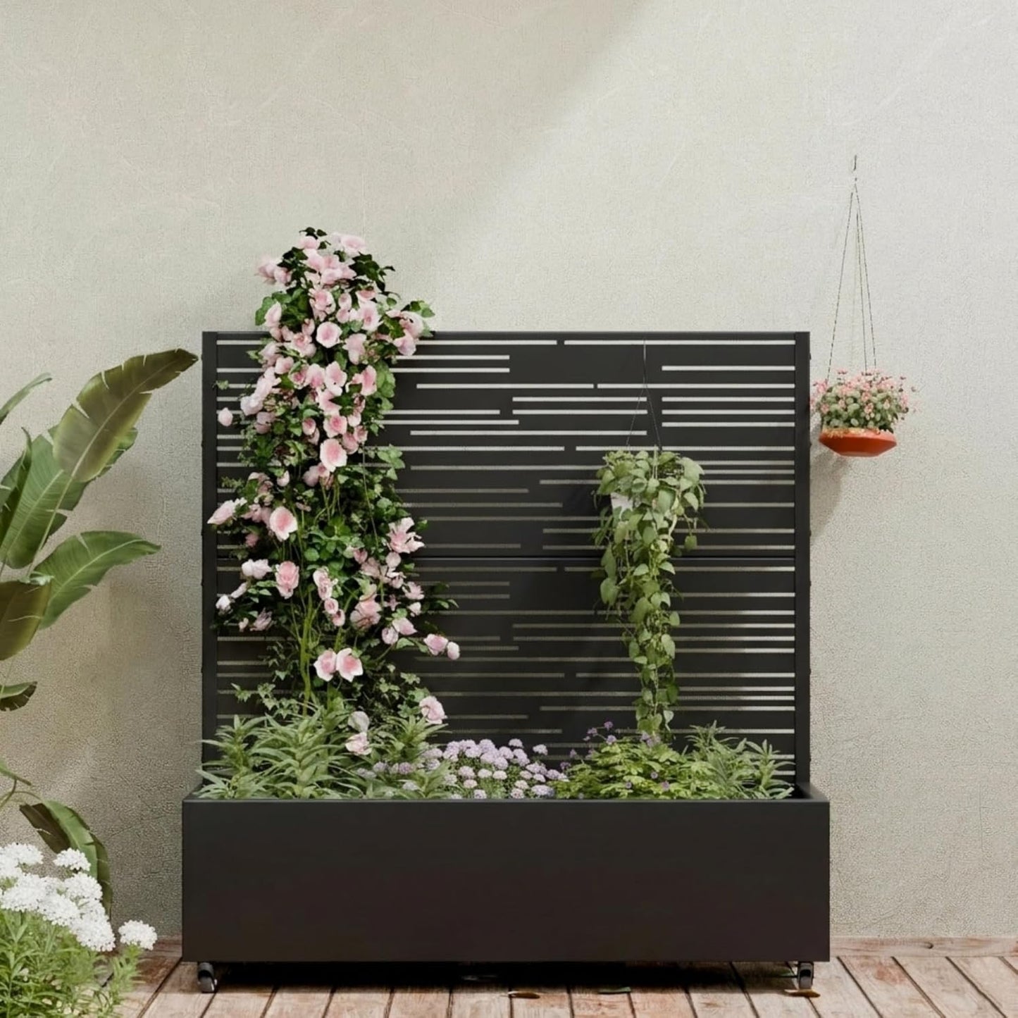 Casaphoria Metal Raised Garden Bed with Trellis and Wheels, 72"x47"x16" Planter Box for Climbing Plants, Vegetables & Vines, Features Drainage Holes and Privacy Screen (Black-Louver) - Colors B