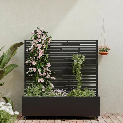 Casaphoria Metal Raised Garden Bed with Trellis and Wheels, 72"x47"x16" Planter Box for Climbing Plants, Vegetables & Vines, Features Drainage Holes and Privacy Screen (Black-Louver) - Colors B