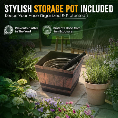 Bernini 40-Ft Metal Garden Hose with Storage Pot, Heavy-Duty, Flexible and Expandable Garden Hose, Kink-Free Stainless Steel, Includes Spray Nozzle & Brass Fittings