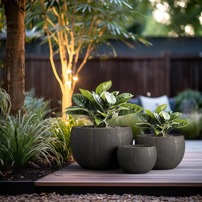 Large Round Bowl Vintage BRN Concrete Planter 19.9" Dia, Outdoor