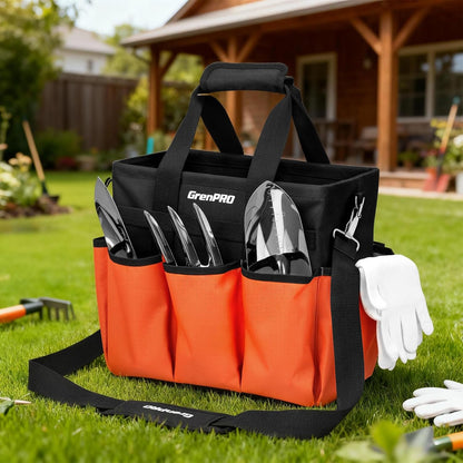 GrenPRO Garden Tool Bag Molded Bottom, Heavy Duty Tool Tote Toolbox with 10 Pockets, Reinforced & Top Snap Closure for Gardening Tools Storage, Dark Green(Tools Not Included)
