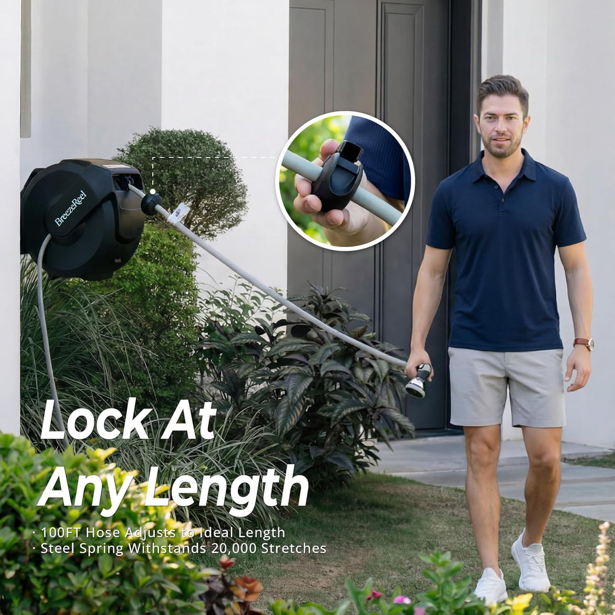 Retractable Garden Hose Reel, 1/2 inch x 50ft Wall Mounted Heavy Duty Hose Reel with Auto Rewind System, 180° Swivel Bracket, Any Length Lock, 10-Pattern Garden Hose Nozzle
