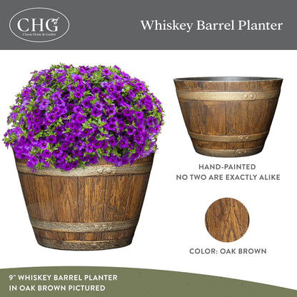 Classic Home & Garden by Growscape Whiskey Barrel Planters, Wooden Finish Flower Planter Pot, Decorative Garden Pots, Indoor Outdoor Resin Planters, Weather-Resistant Plant Pot (15” Oak Brown, 1-Pack)