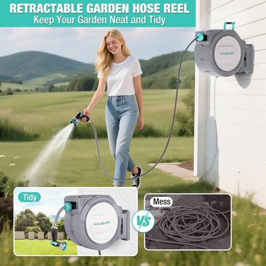 HAUSHOF Retractable Garden Hose Reel 1/2” x 130 ft, Auto-Lock at Any Length, Slow Return System, Wall Mounted and 180° Swivel Bracket for Outside Water