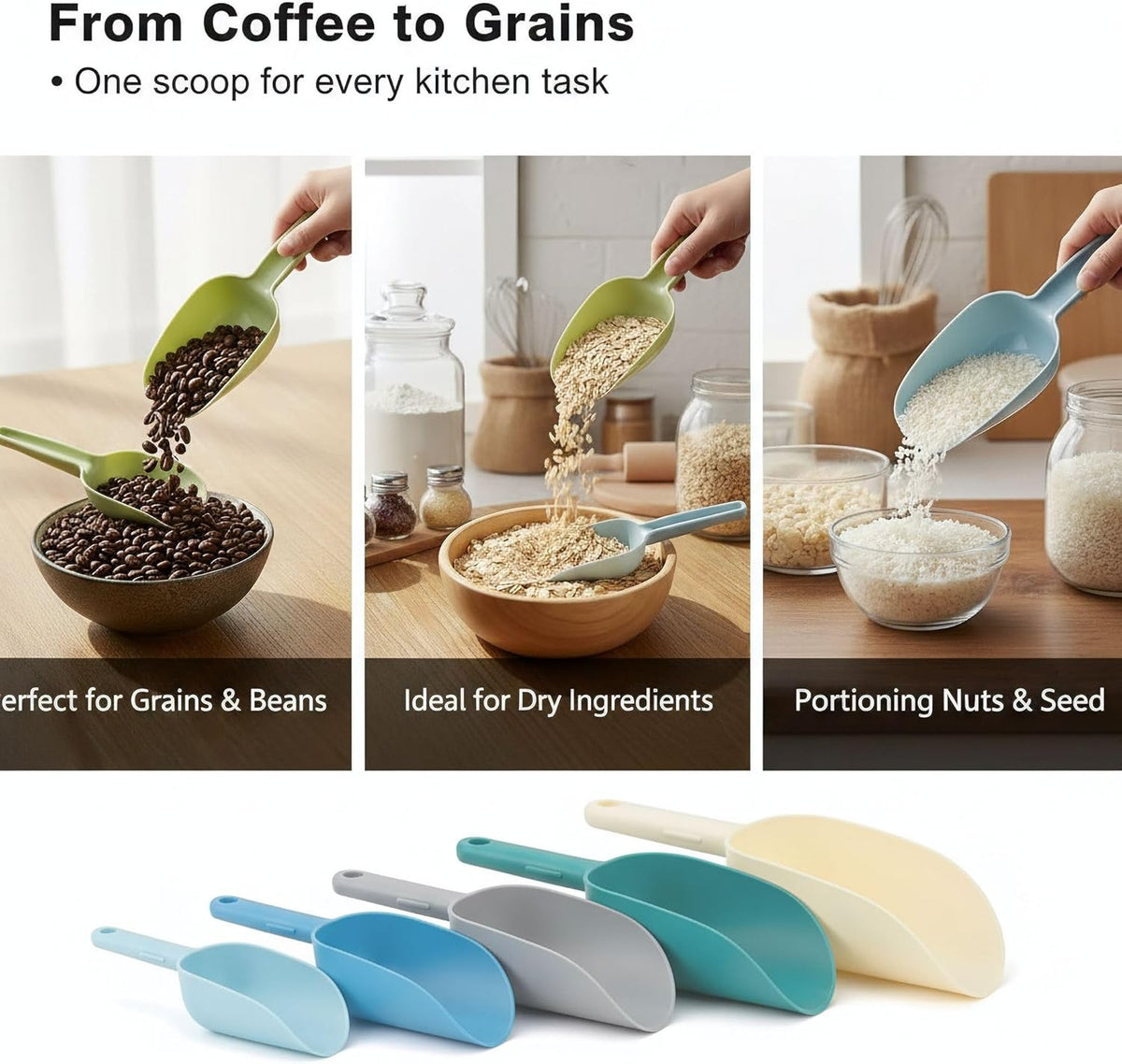 Flour Scoop Set of 3 for Canisters, Ice, Popcorn, Pet Food, Dry Goods, Coffee Beans, Candy - Plastic Scoops 1.7/3.4/5.1 oz