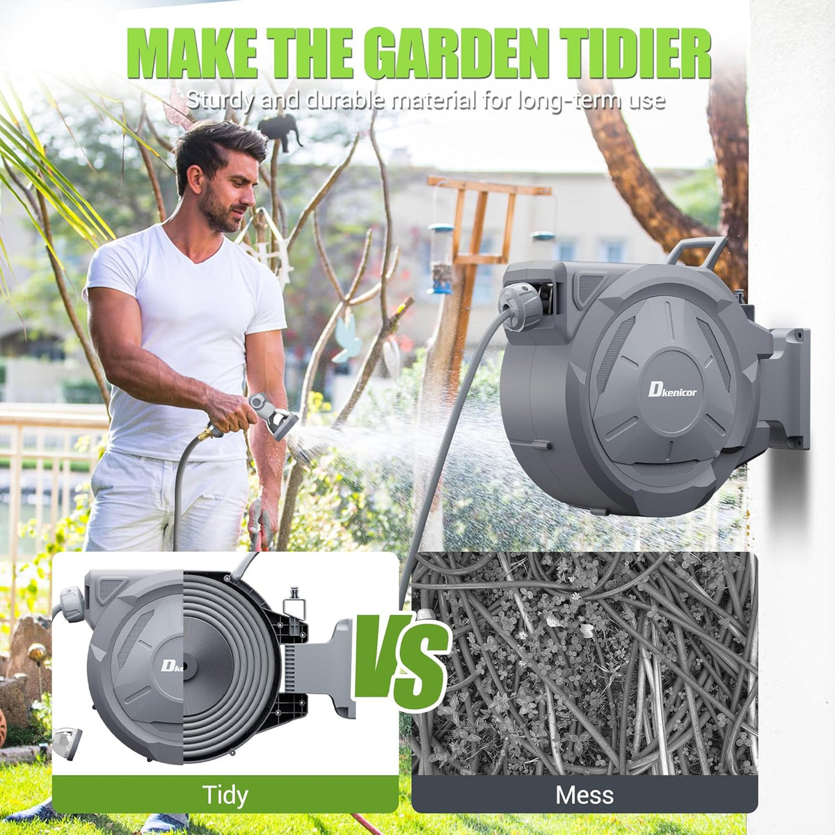 5/8" × 110 ft Retractable Hose Reel, Heavy Duty Retractable Garden Hose Reel Wall Mounted with 10-Pattern Hose Nozzle/Any Length Lock/Slow Return System/180°Swivel Bracket