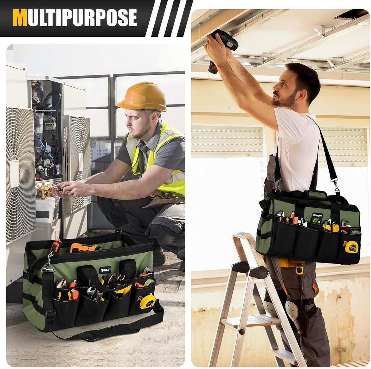 UUP Heavy Duty Tool Bag 15-Inch, 16-Pocket Portable Empty Tool Box Organizer, Big Storage Toolbox Organization, Soft Handle Large Zipper Carrying Toolbag, Father Day Gifts for Him Dad Men, Green