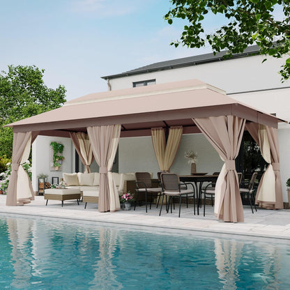 10x20 Gazebo Canopy with 100FT String Lights, Metal Heavy Duty Patio Canopy Tent with Double Roofs, Mosquito Nettings and Privacy Screens for Backyard, Garden, Lawn, Gray