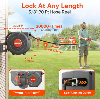 Retractable Garden Hose Reel 90 ft 5/8 inch Automatic Rewind with Any-Length Lock 9 Pattern Nozzle Sprayer 180° Swivel Wall-Mounted Hose Reel for Home Yards