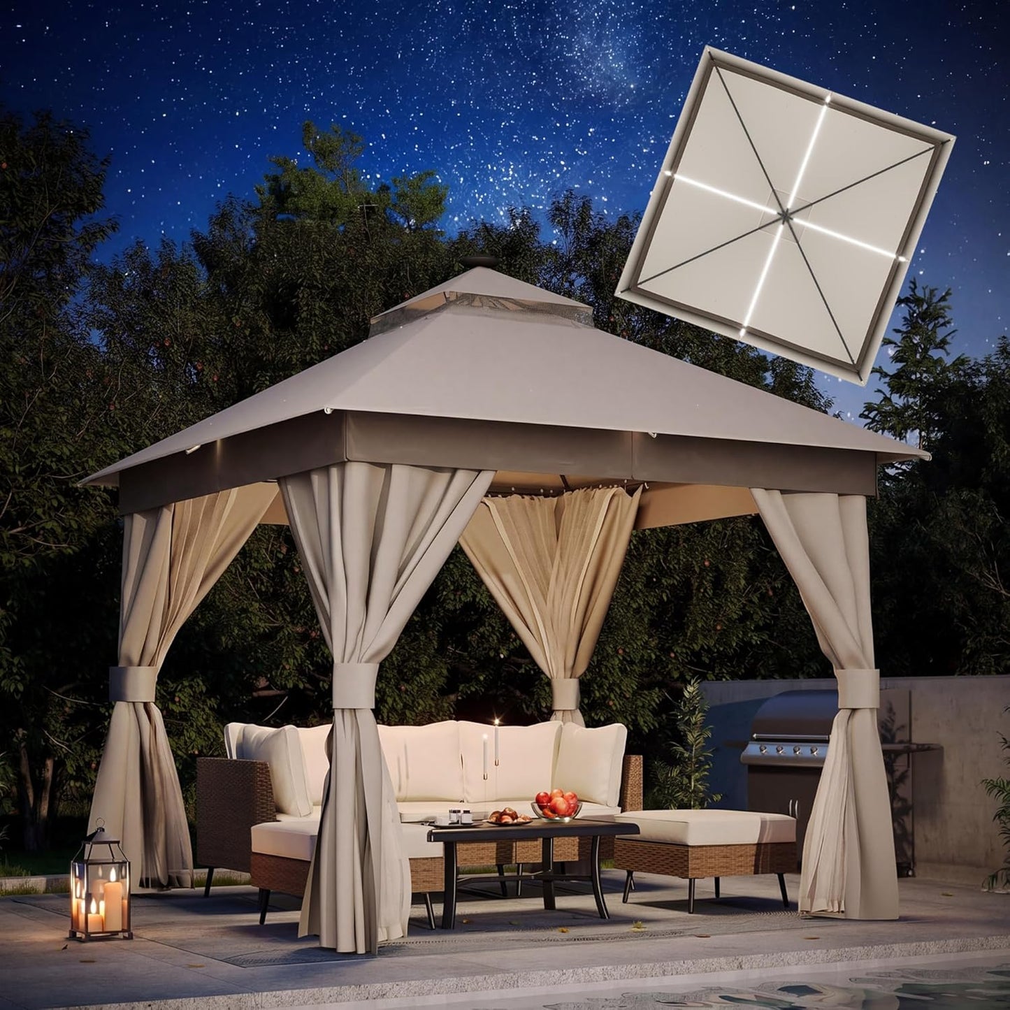 10x20 Gazebo Canopy with 100FT String Lights, Metal Heavy Duty Patio Canopy Tent with Double Roofs, Mosquito Nettings and Privacy Screens for Backyard, Garden, Lawn, Gray