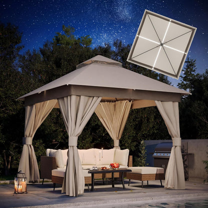 10x20 Gazebo Canopy with 100FT String Lights, Metal Heavy Duty Patio Canopy Tent with Double Roofs, Mosquito Nettings and Privacy Screens for Backyard, Garden, Lawn, Gray
