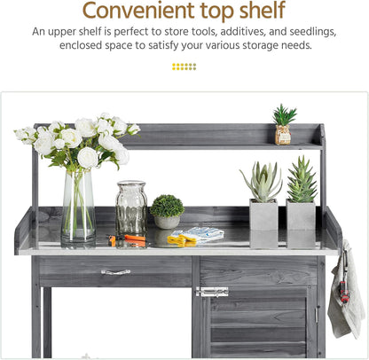 Yaheetech Outdoor Garden Potting Bench Table Work Bench Metal Tabletop W/Cabinet Drawer Open Shelf Natural Wood