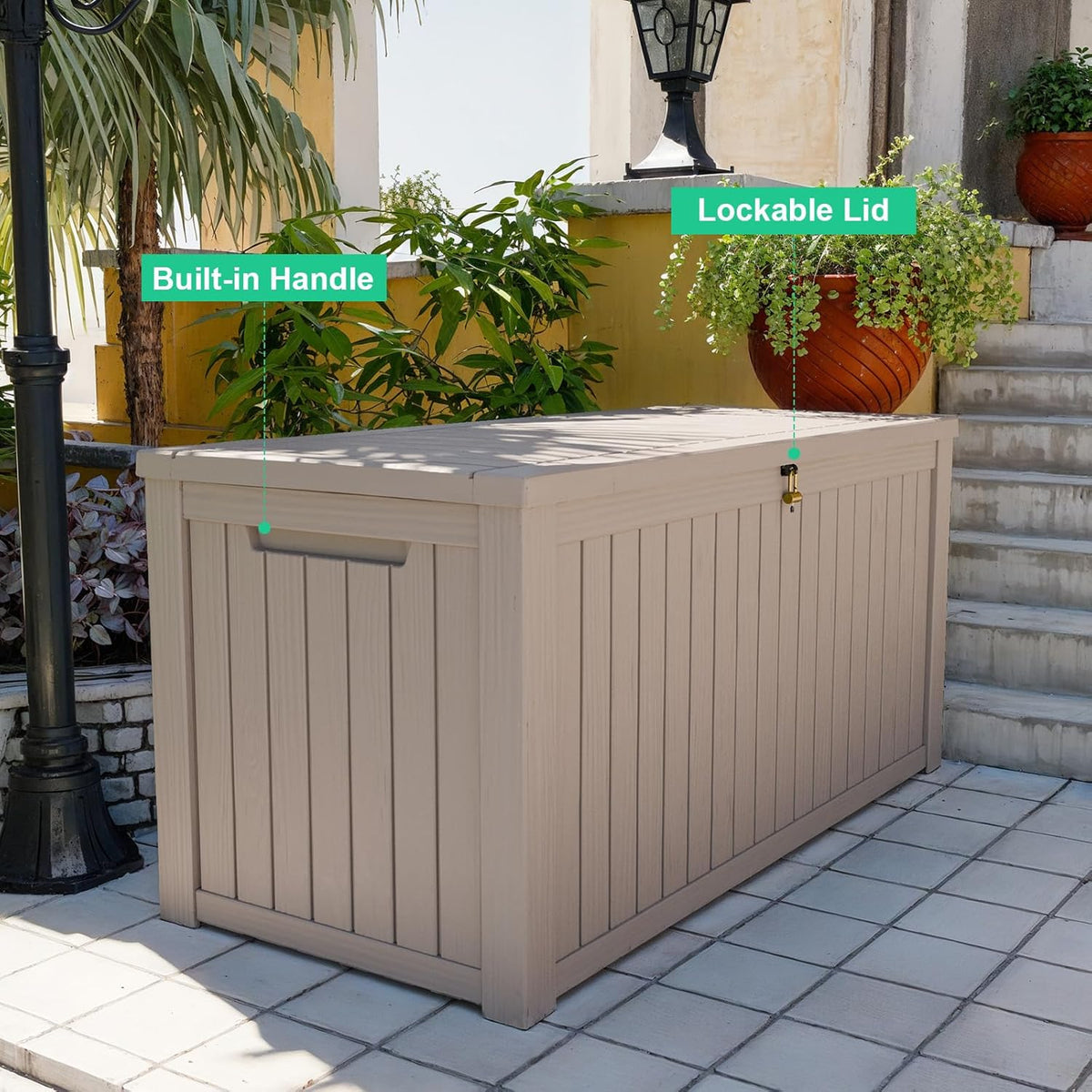 30 Gallon Outdoor Deck Box, Lockable Waterproof Outdoor Storage Boxes For Garden Tools,Indoor Cushions,Accessories Outside Storage Resin Weatherproof Container(Black)