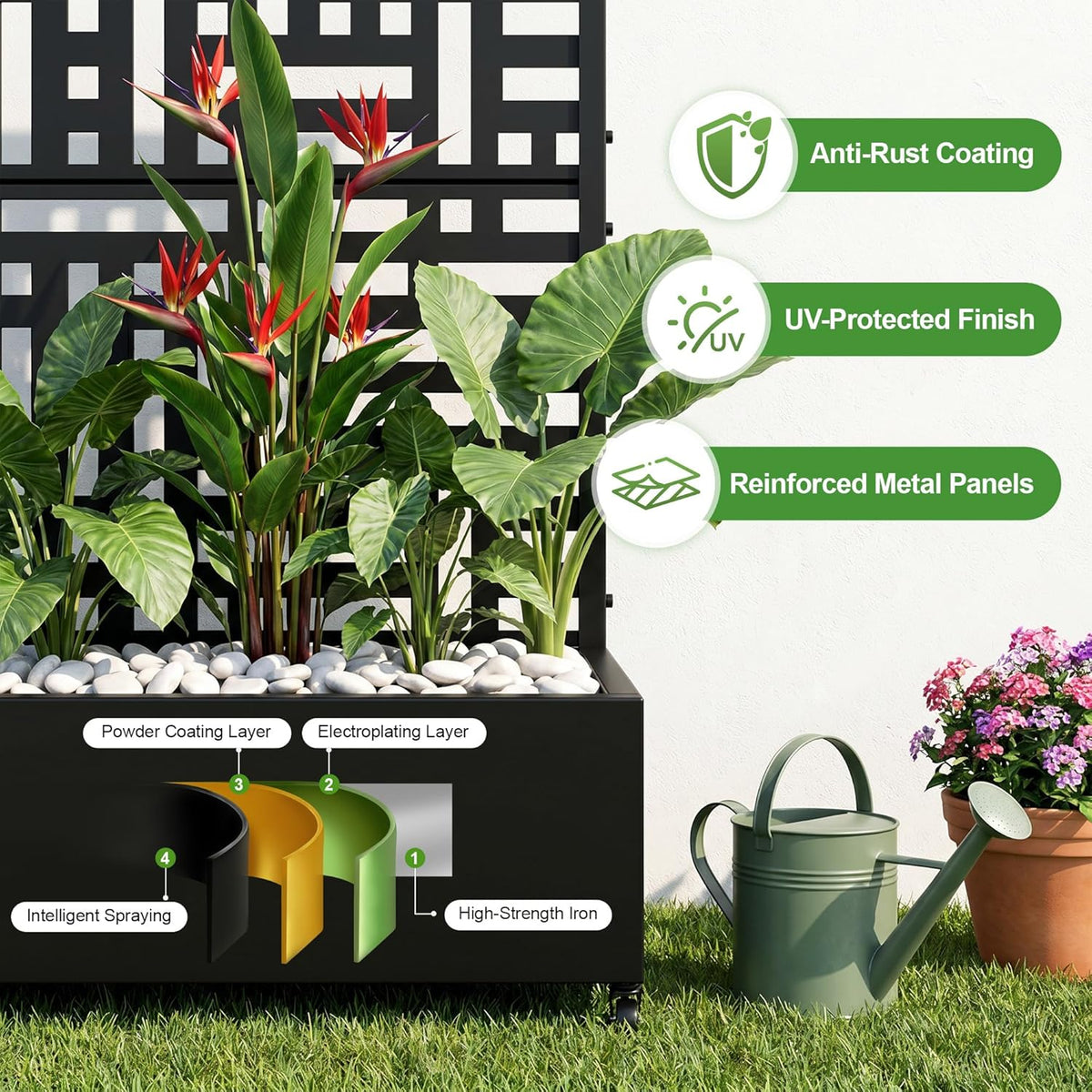 Casaphoria Metal Raised Garden Bed with Trellis and Wheels, 72"x47"x16" Planter Box for Climbing Plants, Vegetables & Vines, Features Drainage Holes and Privacy Screen (Black-Louver) - Colors B