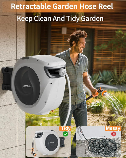 KOSOEUR Retractable Garden Hose Reel, 1/2 In X 100 ft Retractable Hose Reel, Automatic Retractable Water Hose Reels for Outside with 10 Pattern Nozzle, Any Length Lock Auto-retract 180° Swivel Bracket
