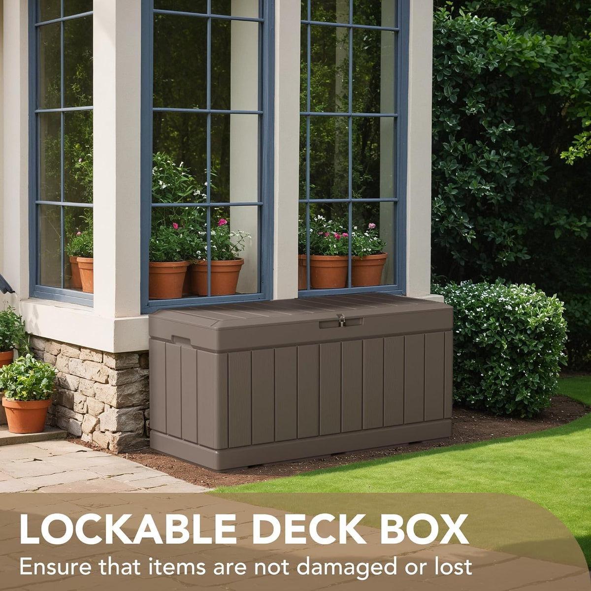 Devoko 100 Gallon Waterproof Large Resin Deck Box Indoor Outdoor Lockable Storage Container for Patio Furniture Cushions Garden Tools (100 Gallon, Black)