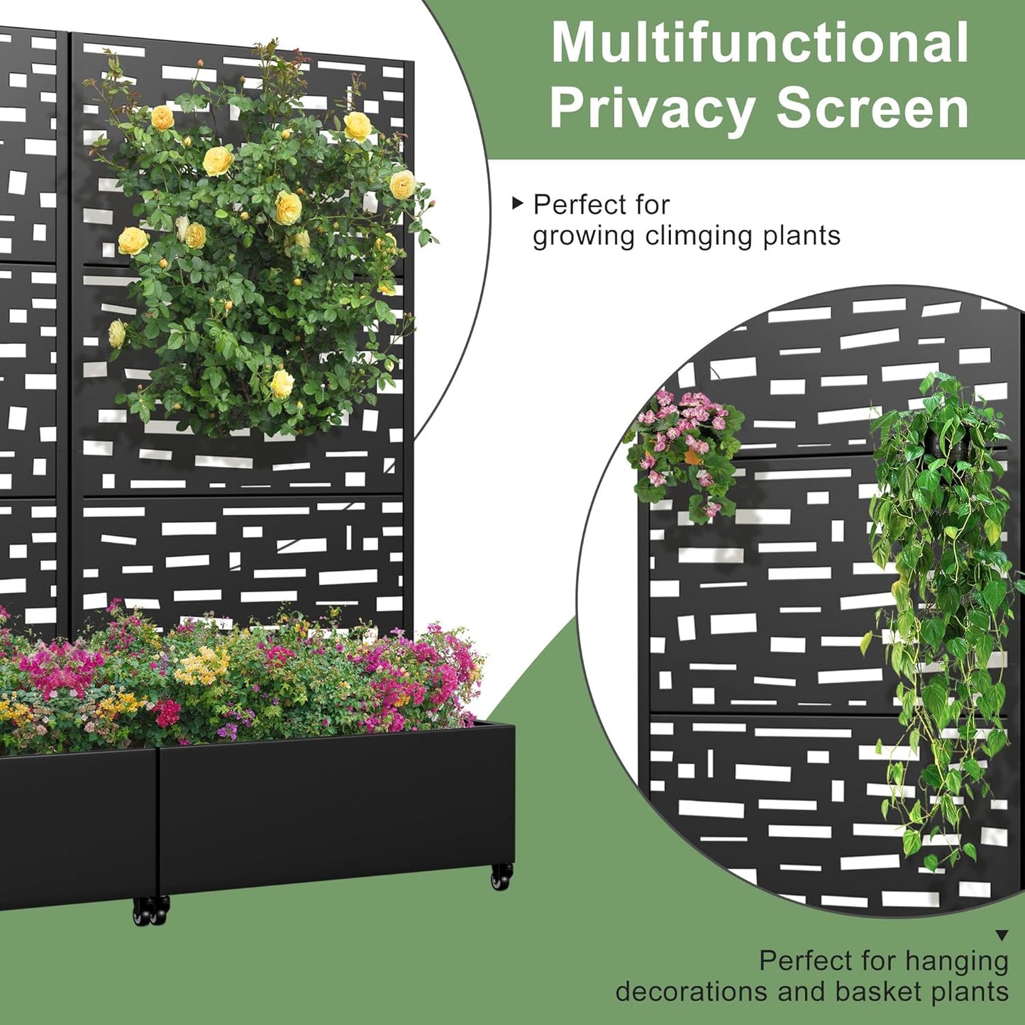 Casaphoria Metal Raised Garden Bed with Trellis and Wheels, 72"x47"x16" Planter Box for Climbing Plants, Vegetables & Vines, Features Drainage Holes and Privacy Screen (Black-Louver) - Colors D