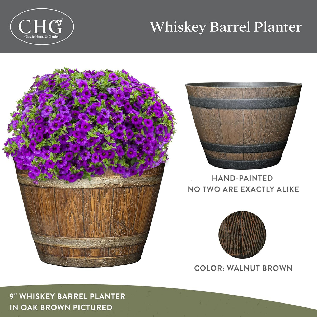 Classic Home & Garden by Growscape Whiskey Barrel Planters, Wooden Finish Flower Planter Pot, Decorative Garden Pots, Indoor Outdoor Resin Planters, Weather-Resistant Plant Pot (15” Oak Brown, 1-Pack)