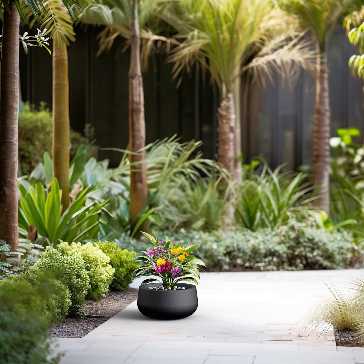 Kante 15.7" Dia Round Concrete Planter, Outdoor Indoor Garden Plant Pots with Drainage Hole and Rubber Plug, Modern Curvaceous Design, Slate Gray