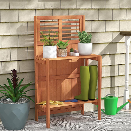Garden Potting Bench Table, Folding Potting Bench Outdoor Workstation with Trellis & 2-Tier Shelves, Wood Potting Table for Outdoor, Deck, Balcony, Garden, Backyard
