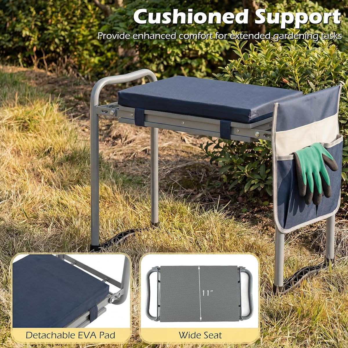 2-in-1 Garden Kneeler & Seat, Folding Seat w/EVA Foam Kneeling Pad & Removable Tools Pouch, Sturdy Steel Frame, No Assembly, Portable Heavy Duty Garden Stool for Women & Men