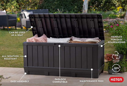 Keter Kentwood 92 Gallon Resin Deck Box-Organization and Storage for Patio Furniture Outdoor Cushions, Throw Pillows, Garden Tools and Pool Floats, Brown