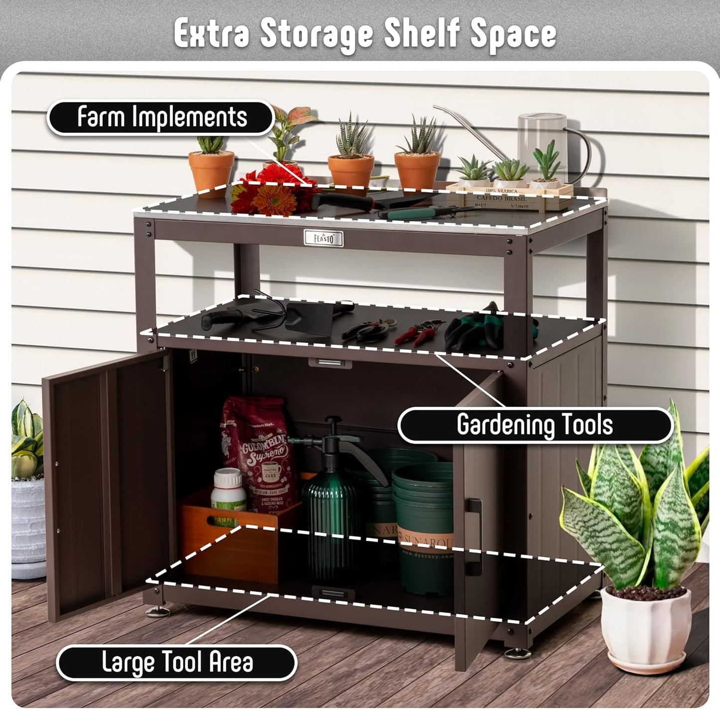 Feasto Outdoor Potting Bench with Storage, Stainless Steel Tabletop Garden Work Bench with Storage Cabinet & Removable Inner Shelf for Patio Lawn Outdoor Gardening