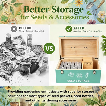60 Slots Seed Storage Organizer, Metal Seed Saving Box with Lid and Safety Locks, Seeds Storage Container with 60 Seeds Envelopes and 64 Label, 3 Compartments, Perfect for Flower Plants Garden