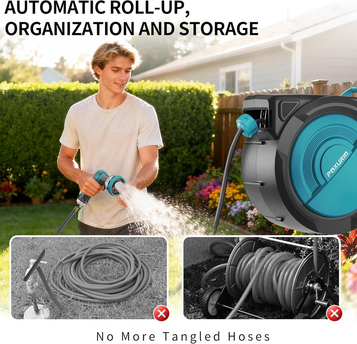 1/2" 150FT Retractable Garden Hose Reel, Wall Mounted Automatic Hose Reel with Upgraded 10 Pattern Nozzle/Any Length Lock/Slow Return System/180°Swivel Bracket, AquaBlue