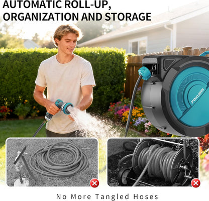 1/2" 150FT Retractable Garden Hose Reel, Wall Mounted Automatic Hose Reel with Upgraded 10 Pattern Nozzle/Any Length Lock/Slow Return System/180°Swivel Bracket, AquaBlue
