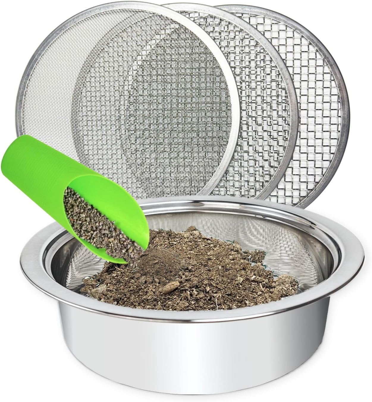 Soil Sifter for Gardening, 12 Inch Stainless Steel Soil Sifter with 4 Replaceable Fine Screens and Shovel, Sieve for Sand Rocks Dirt Compost